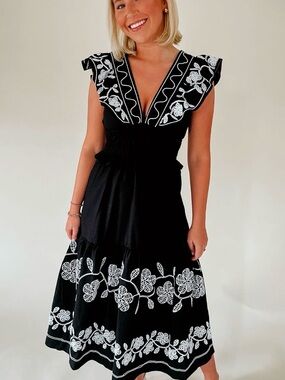 Black Embroidered V-Neck Midi Dress with Flutter Shoulders